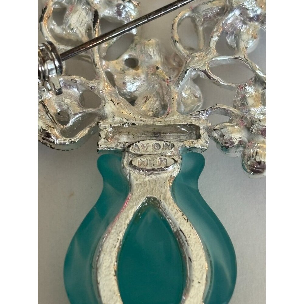 Avon Pin Brooch Jewelry Flower Vase Blue Turquoise Color Rhinestones Silver Tone - Picture 5 of 6